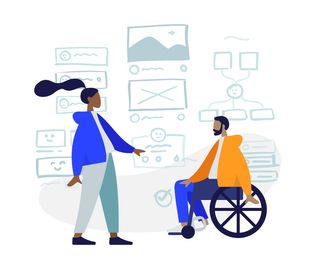 Illustration of two people with wireframes in the background