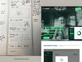 Composite of sketch in background and website screenshot in foreground
